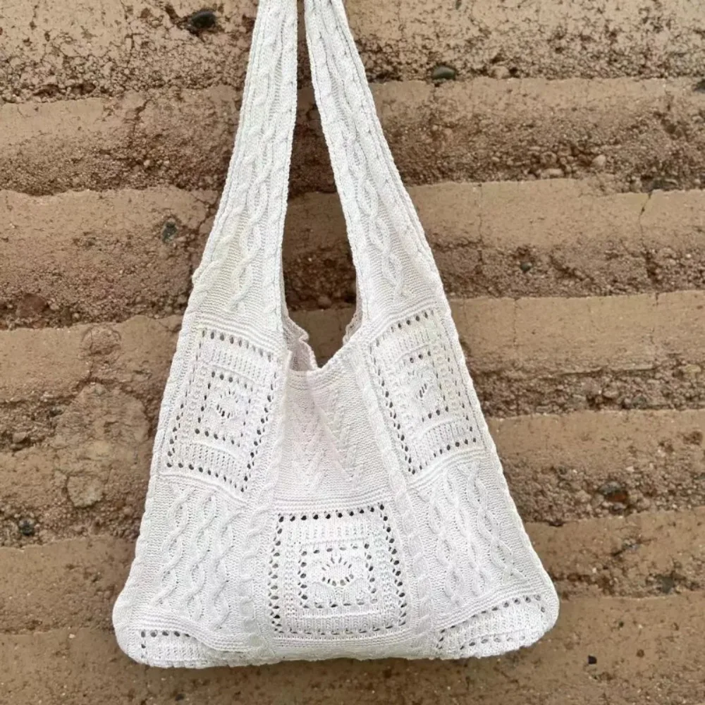 Tas Tangan Rajutan Manis Tas Bahu Belanja Kapasitas Besar Berongga Tas Pantai Musim Panas Warna Polos Poliester Setiap Hari