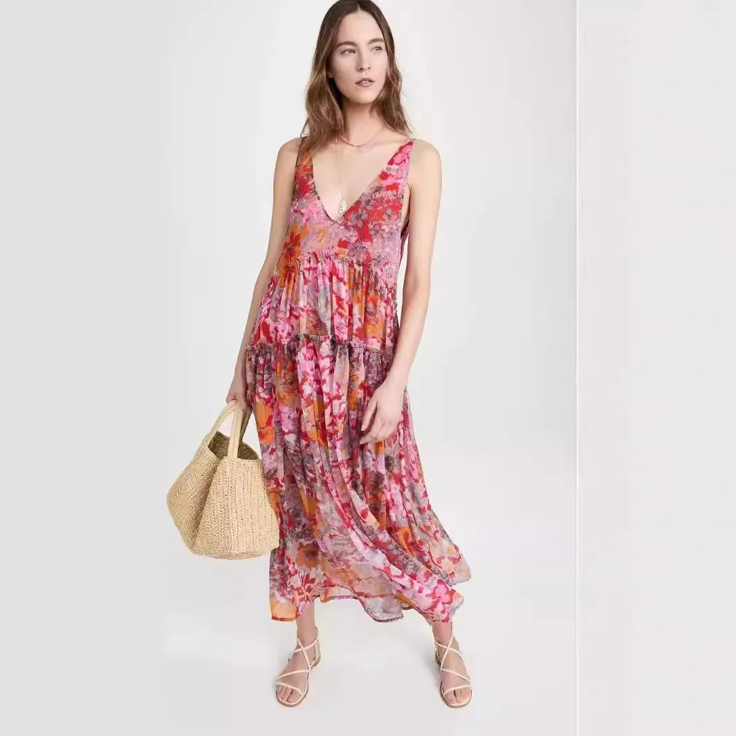Women Spring Summer New Chiffon Flower Printing Sleeveless Long Loose Dress Casual Holiday Dress
