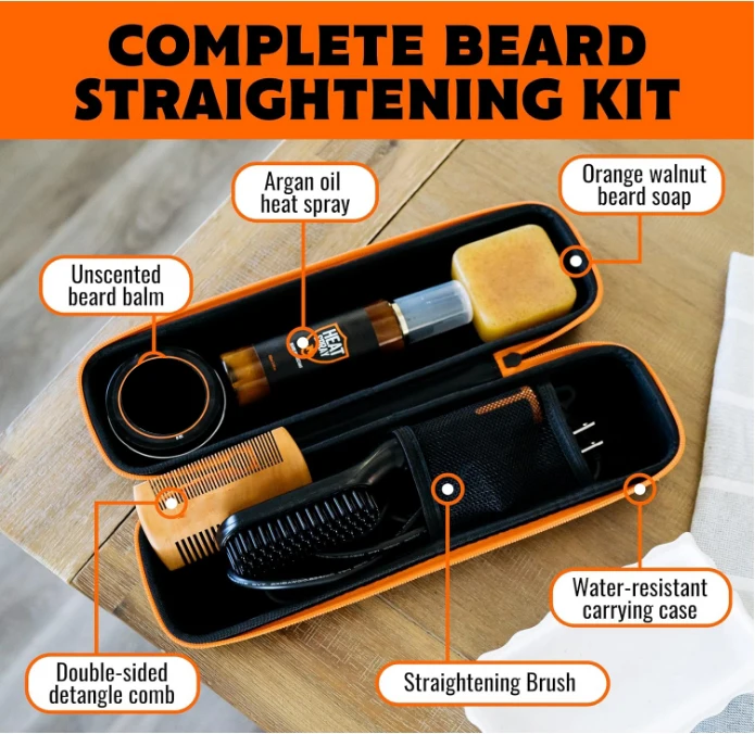 Premium Beard Straightener Kit - Comb - heat protectant, beard soap, beard balm, wooden comb and storage box