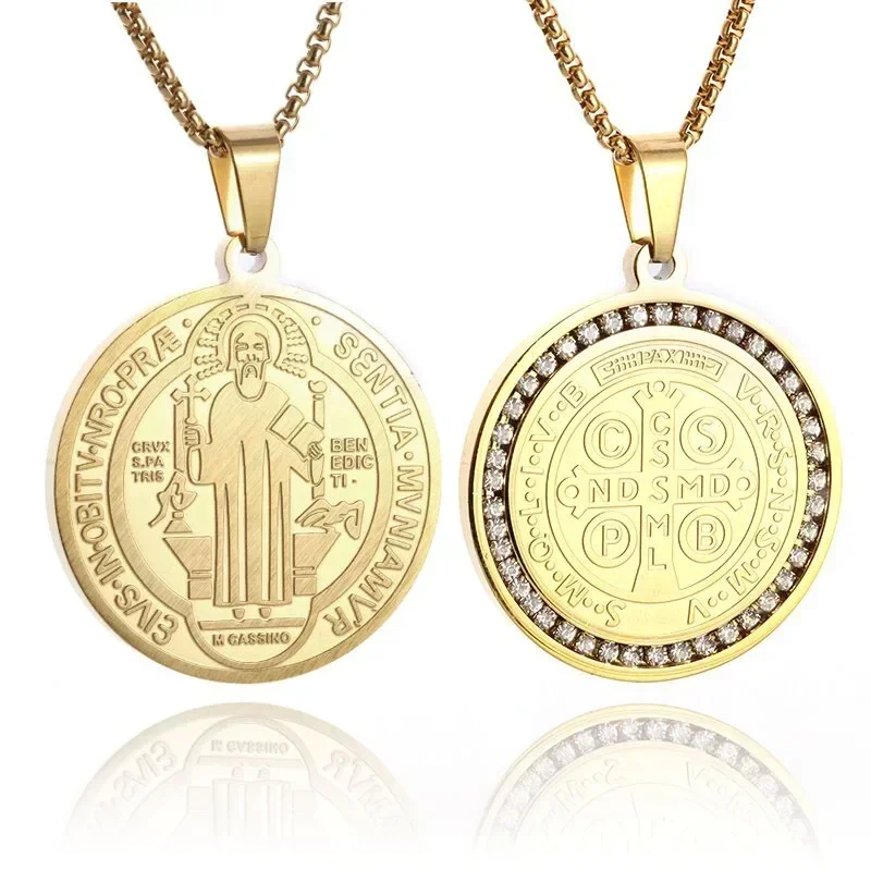 Saint Benedict Medallion Stainless Steel Pendant Zircon San Benito Collares Necklace Amulet Religious Cross Jesus Jewelry - view 2