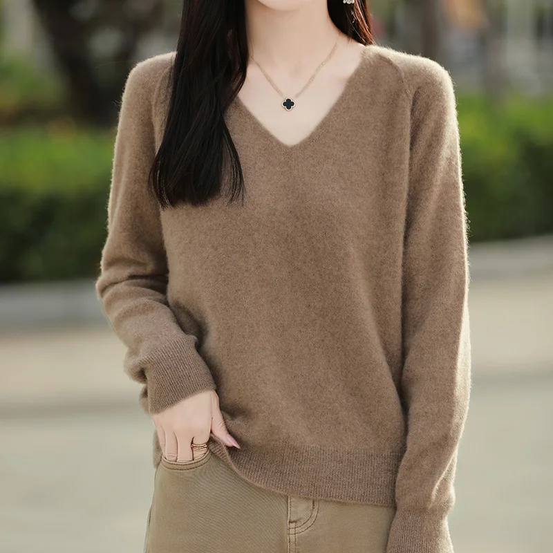 2025 outono e inverno novo feminino ombro comprimento manga comprida camisola de caxemira solta com decote em v 100% lã merino roupas de malha