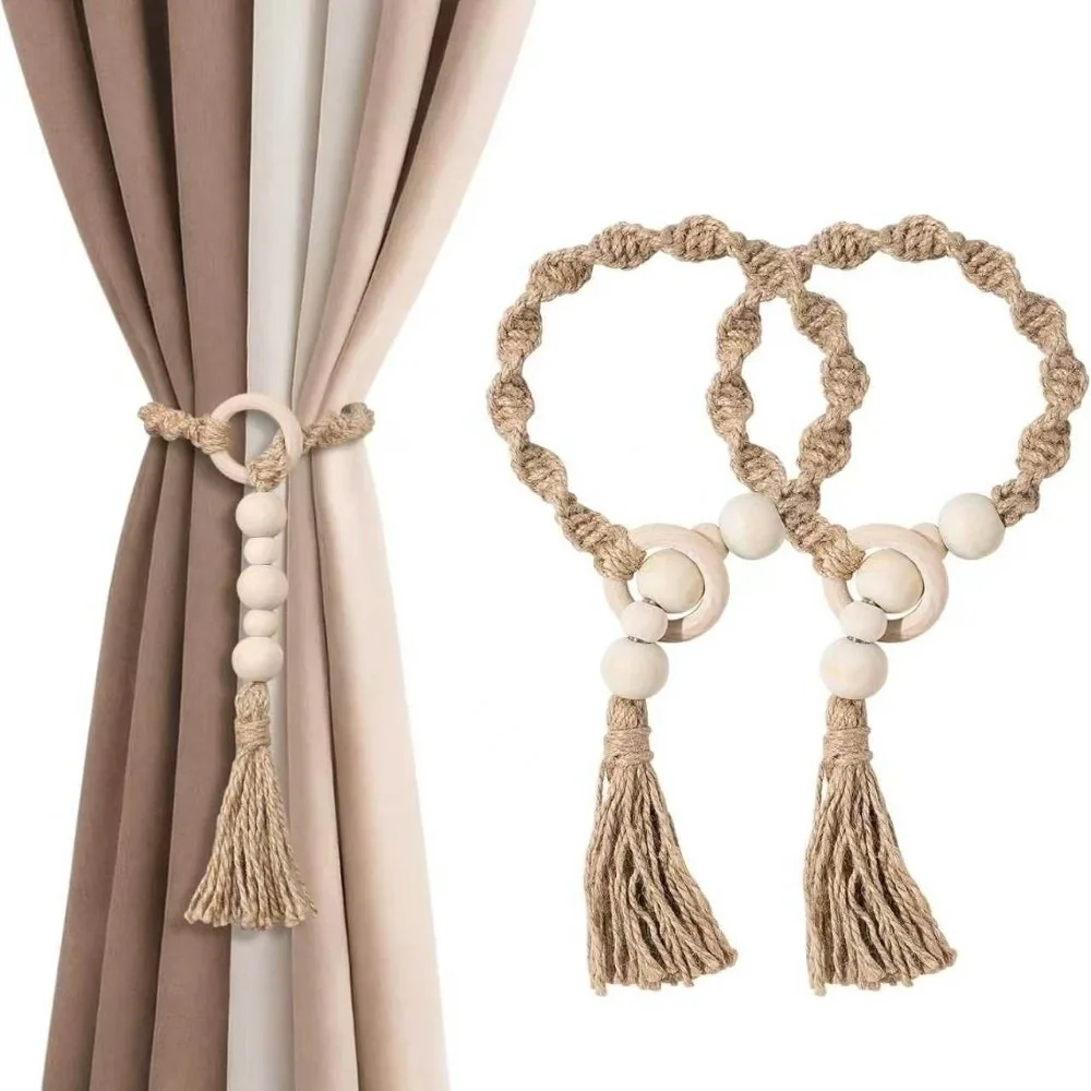 Elegant Curtain Tiebacks Boho Style Handmade Curtain Holdbacks Rope Design with Wooden Beads Drape Tie Backs Bedroom Decor