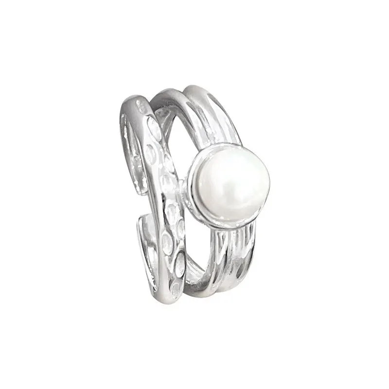 100% 925 Sterling Silver Pearl Geometric Open Ring for Women Girl Fashion Double layered Design Jewelry Party Gift Dropshipping