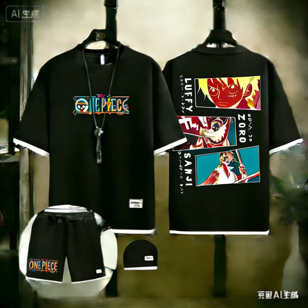 

Мужской комплект из двух предметов с принтом Луффи из фильма 2026 года: футболка из вафельного трикотажа + шорты, спортивный костюм в стиле аниме и манга для уличной моды