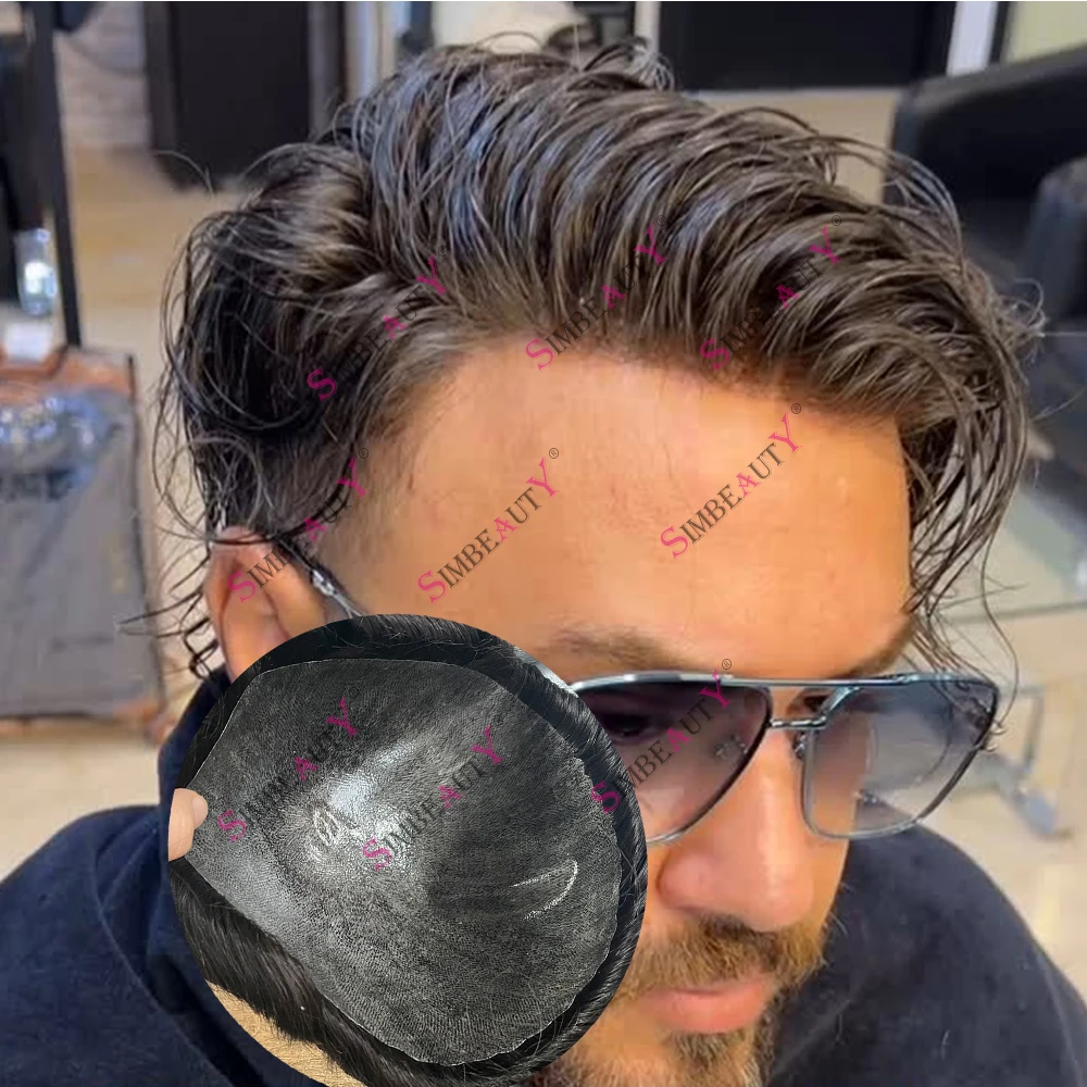 Men's Durable Undetectable Scalloped Natural Hairline Human Hair Toupee Cheap Hairpieces Injected Long Last Capilary Prosthesis