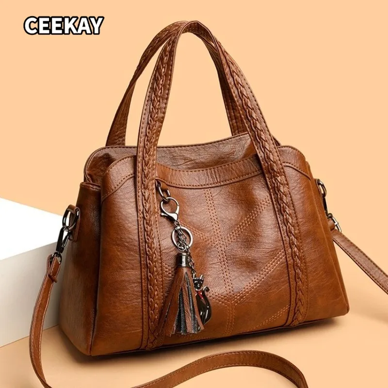 CEEKAY Leather Handbag Braided Handle Tassel Charm Top Handle Versatile Everyday Commute Casual Large Capacity Purse Women