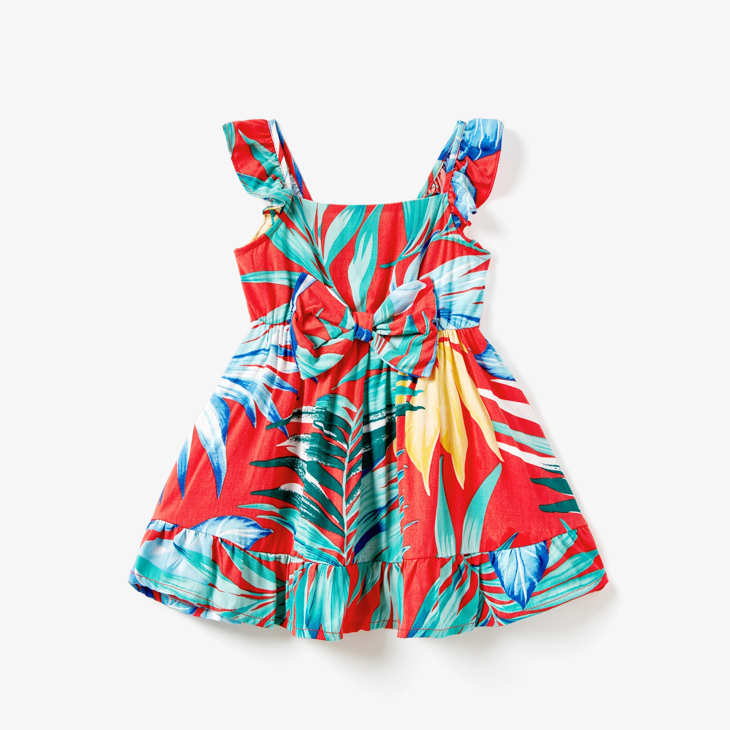 PatPat Family Matching Color Block Tee and Drawstring Tropical Leaf Printed Shirred Back Strap Dress Sets