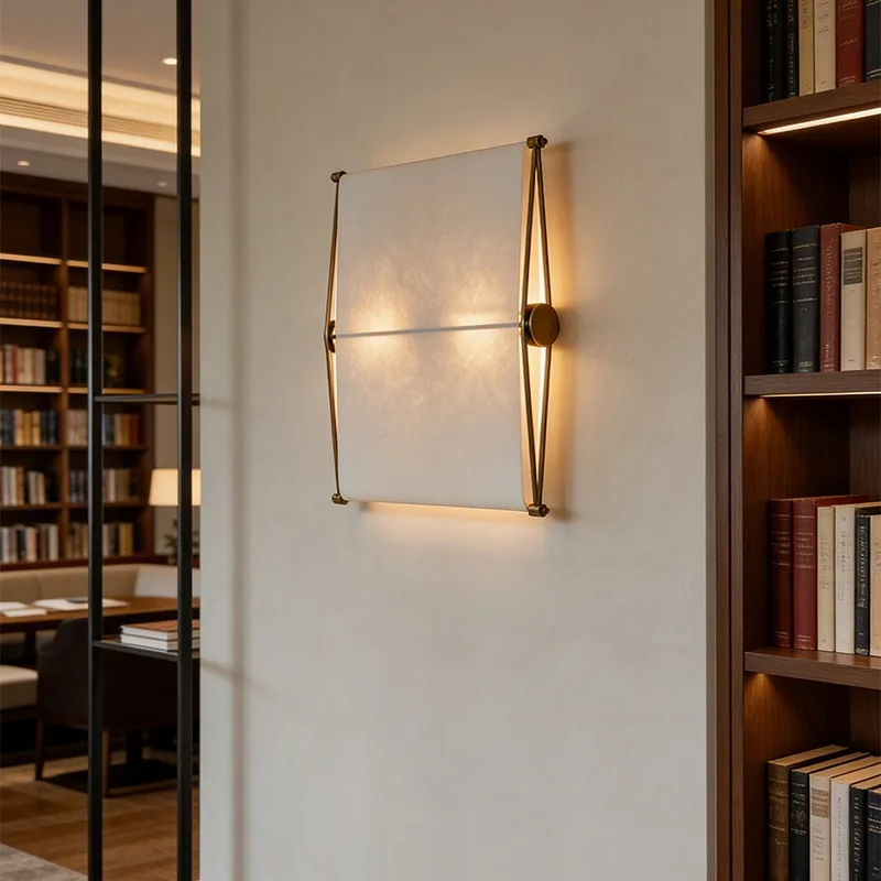 Italian minimalist square paper cover wall , copper frame entrance staircase study background wall soft light atmosphere 2