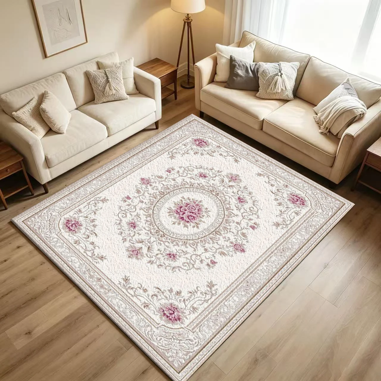 Retro European Rose Medallion Carpet Flooring Delicate Pink Flower Ornate Lace Border Printed Floor Rug for Household Indoor Home Art Decor
