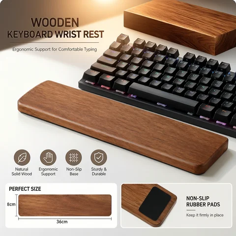 Solid Wood Keyboard Wrist Rest for 87 Key Mechanical Keyboard, Ergonomic Wooden Palm Rest with Non Slip Base