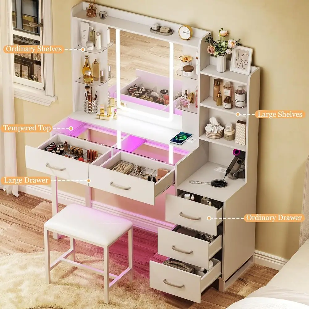 43 LED-lit Makeup Vanity Desk with Glass Top, Wireless Charging, RGB Drawers, 3 Light Colors & Power Outlet Switch image 5