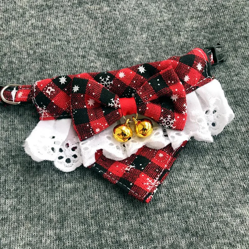 Christmas Pet Bow Bib Collar Scarf Plaid Bow Lace Saliva Towel with Bell Pendant for Dog Cat Collar Necklace Grooming Accessory