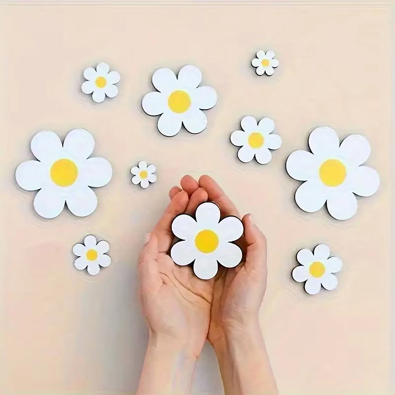 10 Pack 2D Flat Wooden Daisy Wall Decor With Nano Double Sided Tape Drill Free Minimalist Home Wall Art