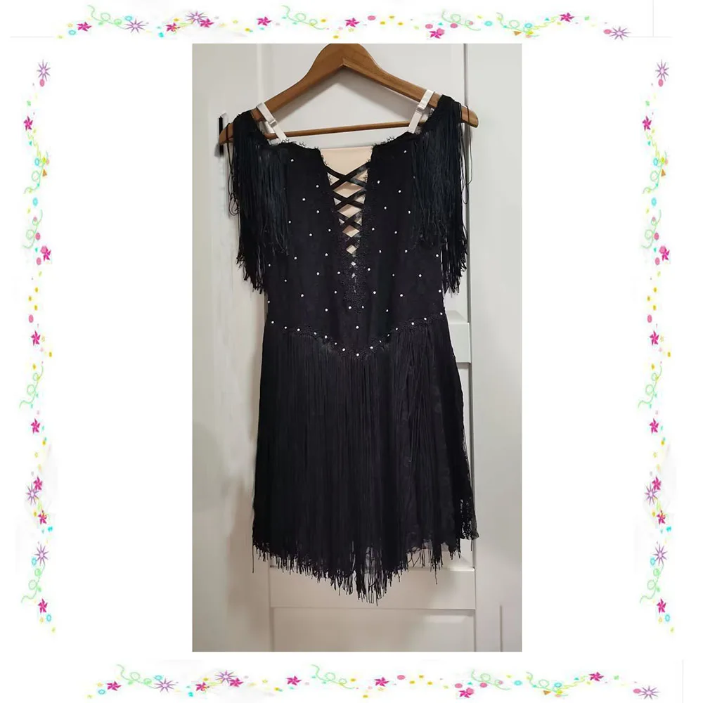 Vestido de Ballet personalizado con mangas y borlas negras de Carmen, traje de Balet corto con borlas de encaje, vestido de vals de salón latino