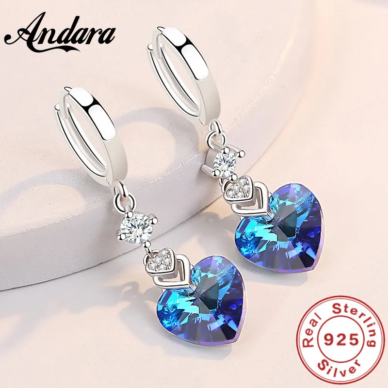 925 Sterling Silver Earrings Blue Crystal Heart-Shaped Zircon Earrings For A Woman'S Engagement Charm Jewelry Gift