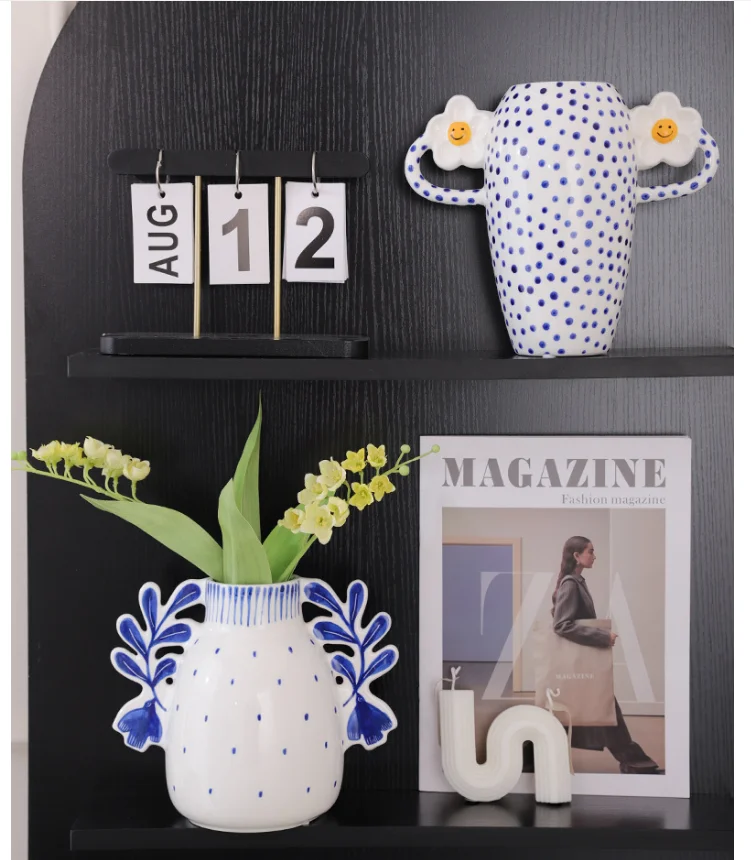 Handle Ceramic Vase Flower Pots Table Decoration Ornaments Flowers Arrangement Floral Vases Room Aesthetic Decor