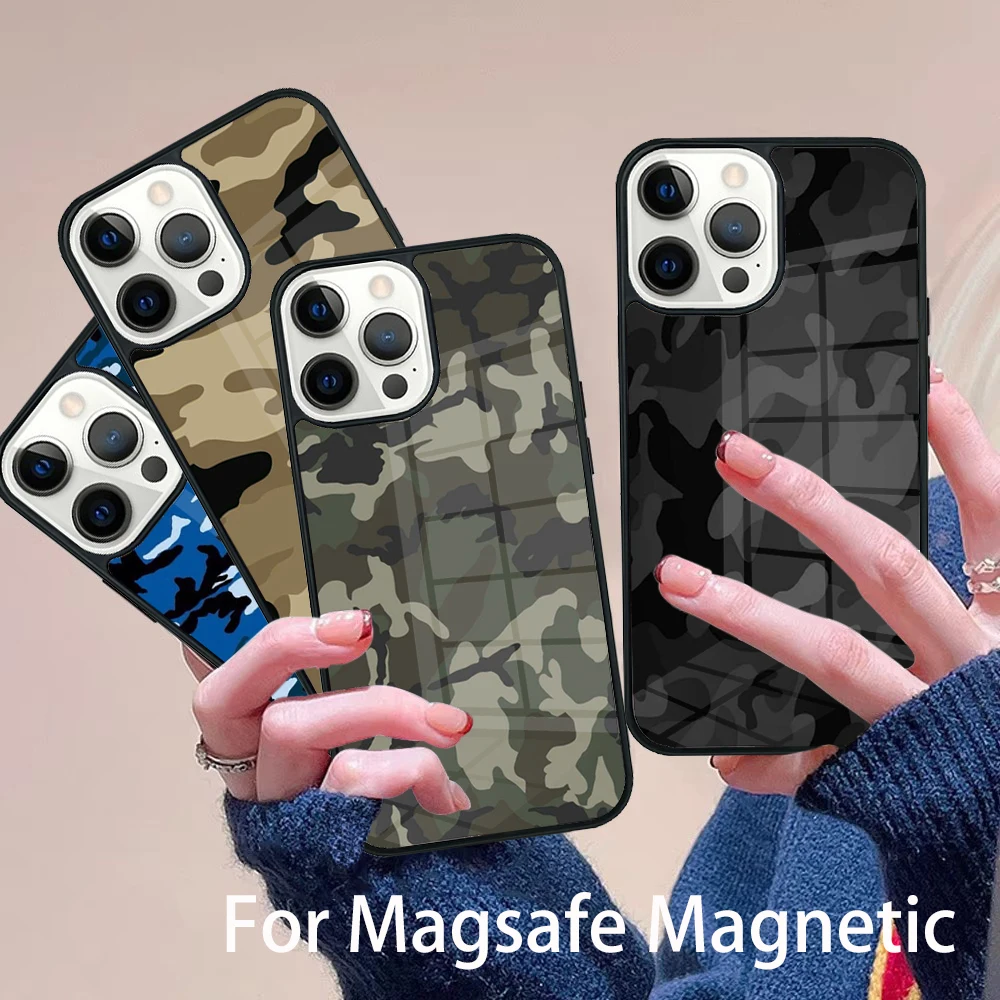 

Camouflage Pattern Phone Case Magesafe Magnetic Wireless Charge Cover For IPhone 16 11 12 13 14 15 Pro Max Plus Mini