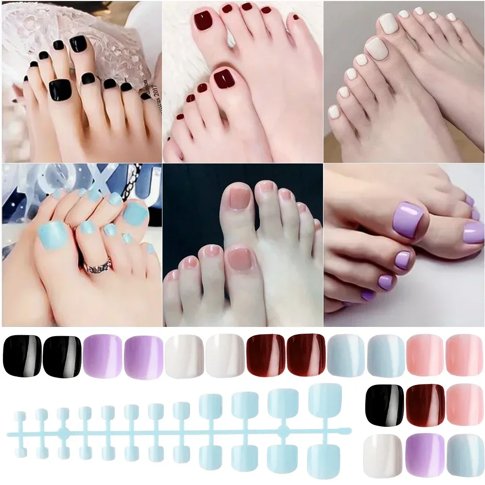 144pcs Mixed Color Short Square False Toe Nails Wine Red, Balck, White, Pink, Blue Press On Toenails Summer Glossy Fake Toe Tips