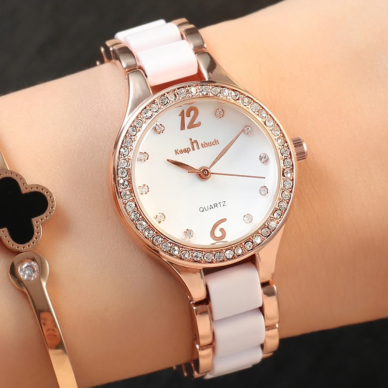 Women\'s Wristwatch Fashion Rose Gold Resin Ceramic Rhinestone Quartz Watches Woman 2024 Girl Ladies Clock