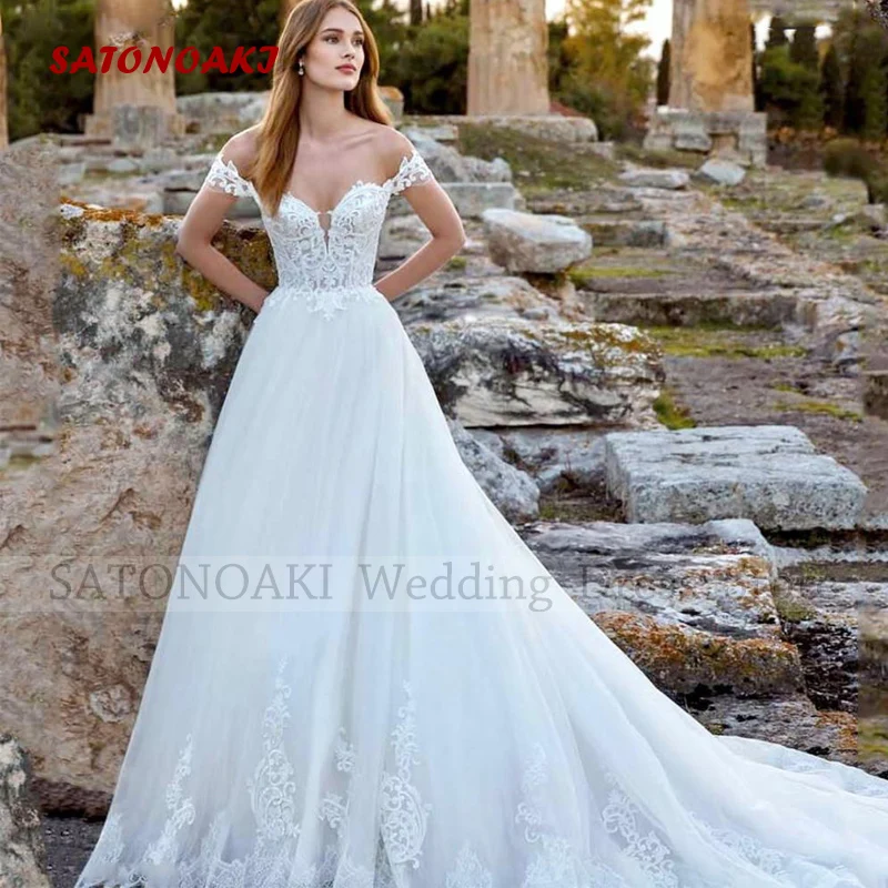 

Customized Elegant Sexy Boho Off the Shoulder V-Neck Lace Wedding Dress for Women A-Line Backless Bridal Gown Vestidos De Novia