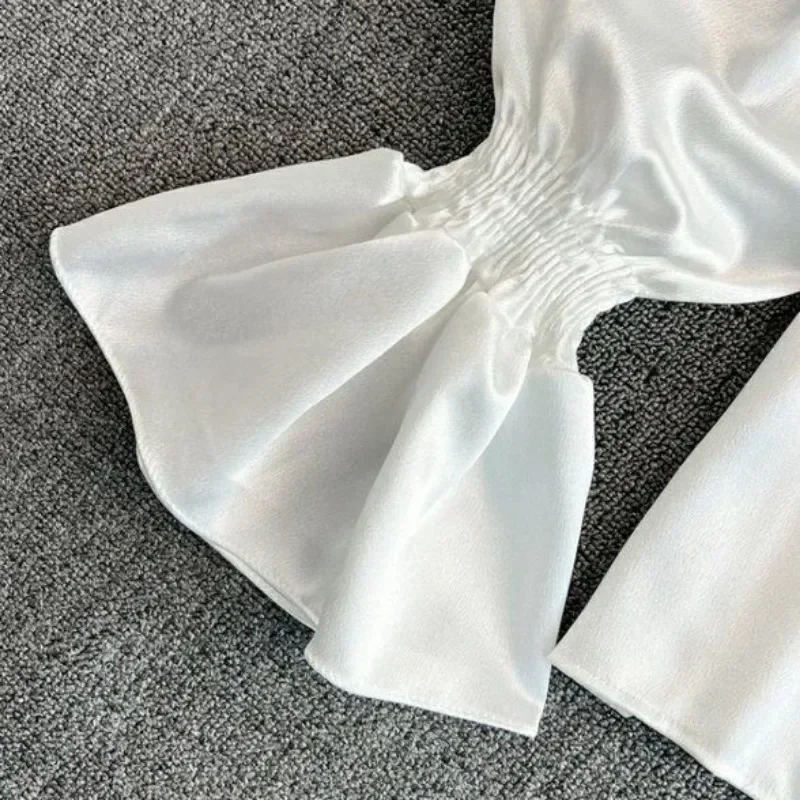 Blusas lisas Vintage para Mujer, elegantes blusas de satén de acetato con cuello levantado y manga acampanada, diseño nuevo y elegante con volantes sueltos para Mujer