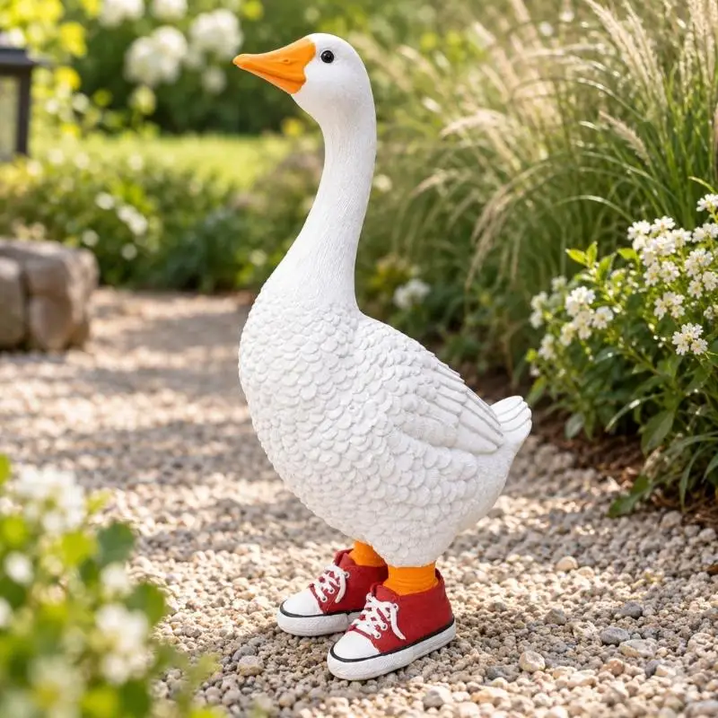 Resin Geese Garden Figurine with Red Shoes, Sculpted Plume Texture and Hand-Painted Color Decors for Porch, Yard and Y5GB