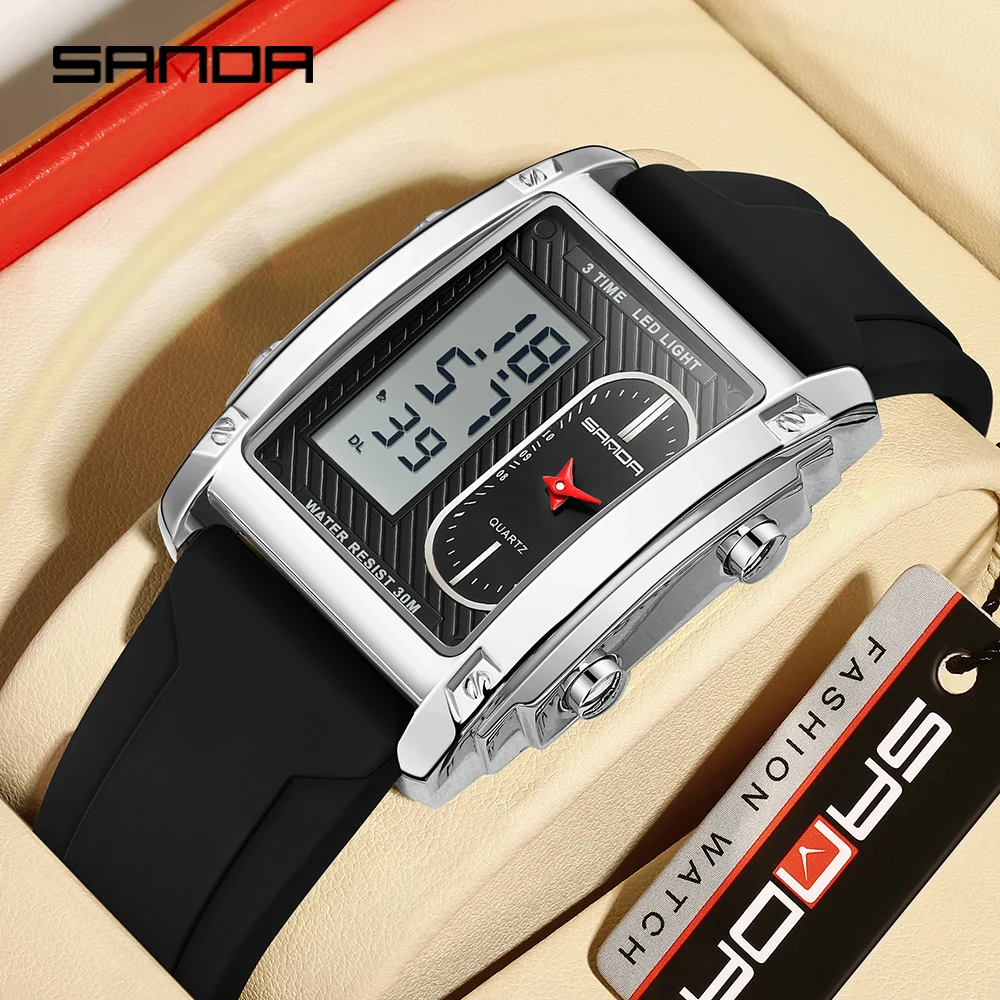 SANDA Men's Quartz Electronic Watch Dual Screen Multi Functional Waterproof LED Cool Analog Digital Men's Watch 3328