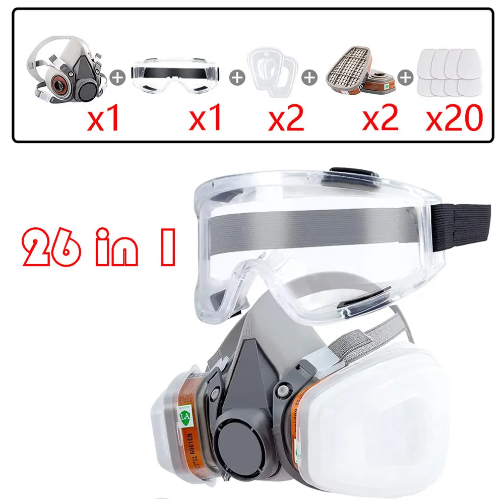 26in1 6200 Half Face Dust Gas Mask Respirator For Industrial Paint Spray Chemical Organic Vapor With Filters Protection