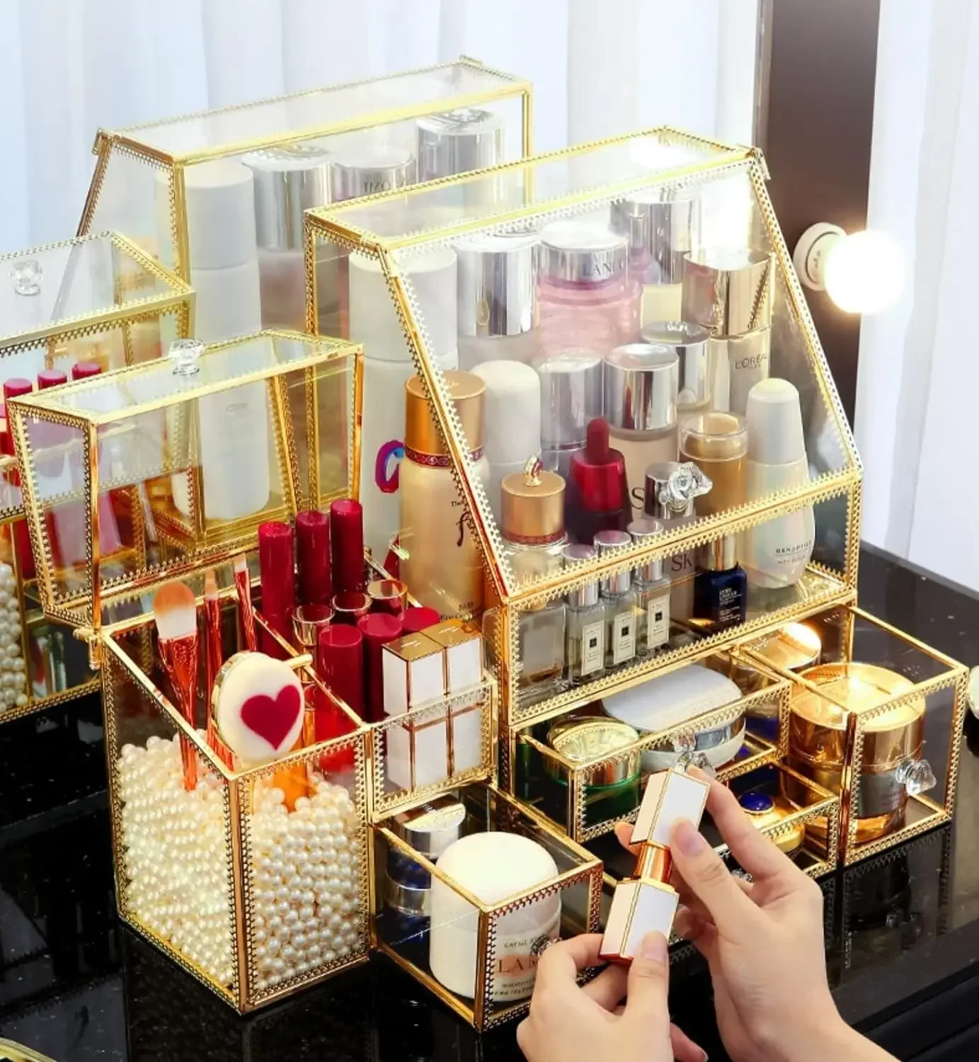 Glass Gold Bathroom Organizer/Stackable 2Pieces Drawer Set Storage/Antique Countertop Vanity Cosmetic Storage Box Mirror