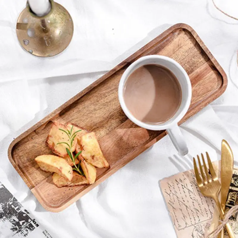 Acacia Wood Rectangular Serving Tray, Natural Solid Wood Tea Tray Japanese Style Multi‑Purpose Tray for Tea Dim Sum Candy Snack