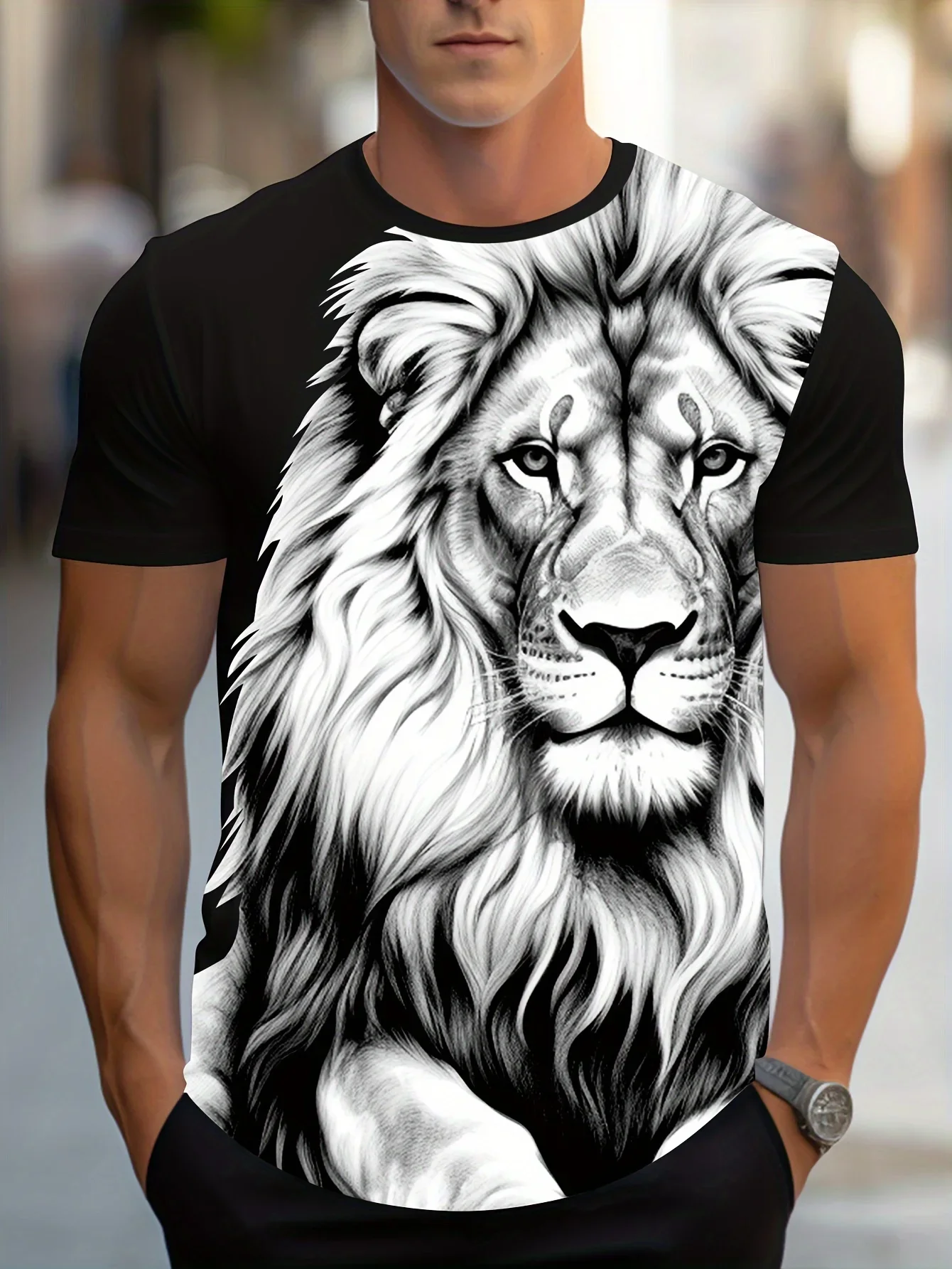 2026 Herren-T-Shirt mit Löwen-Print, Kurzarm, Rundhals, Weich, Atmungsaktiv, Freizeitkleidung, Outdoor, Streetwear, Sommer-T-Shirts