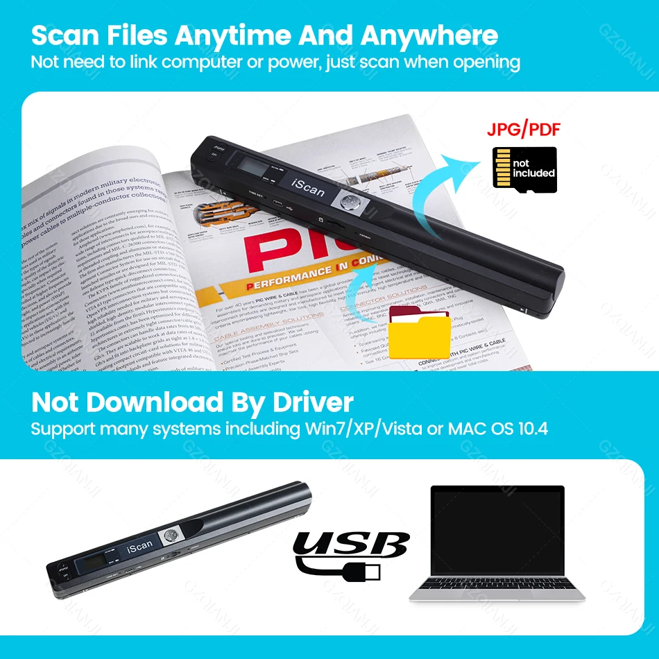 A4 Document Portable Scanner New Creative Handheld Mobile Portable iScan 900 DPI USB 2.0 LCD Display Support JPG / PDF Format