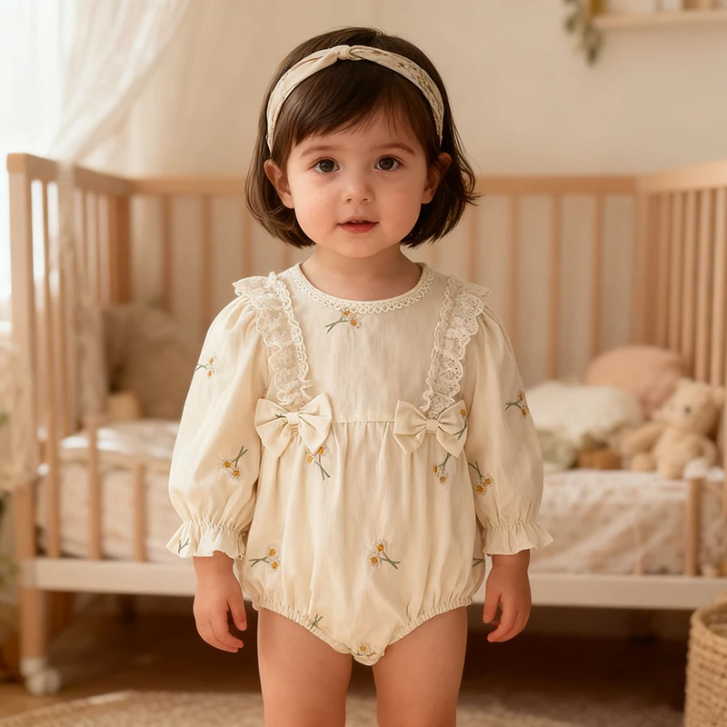 Spring Autumn Newborn Baby Girl Rompers Long Sleeve Clothing Romper White Soft Cotton Baby Girl Bow Embroidered Infant Clothes