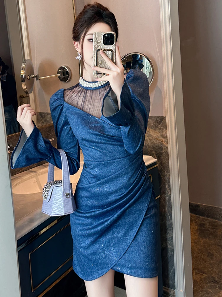 여성 의류 메쉬 시스루 섹시 플레어 슬리브 슬림 숏 드레스 우아한 여성 패션 이브닝 파티 프롬 베스티도 피에스타 캐주얼 신상품