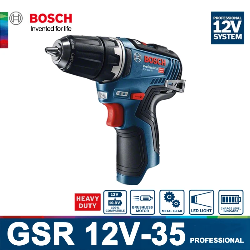 BOSCH Electric drill driver GSR 12V-35 Cordless Compact Drills Drivers Screwdriver 12V Lithium Power Tools Brushless GSR12V35