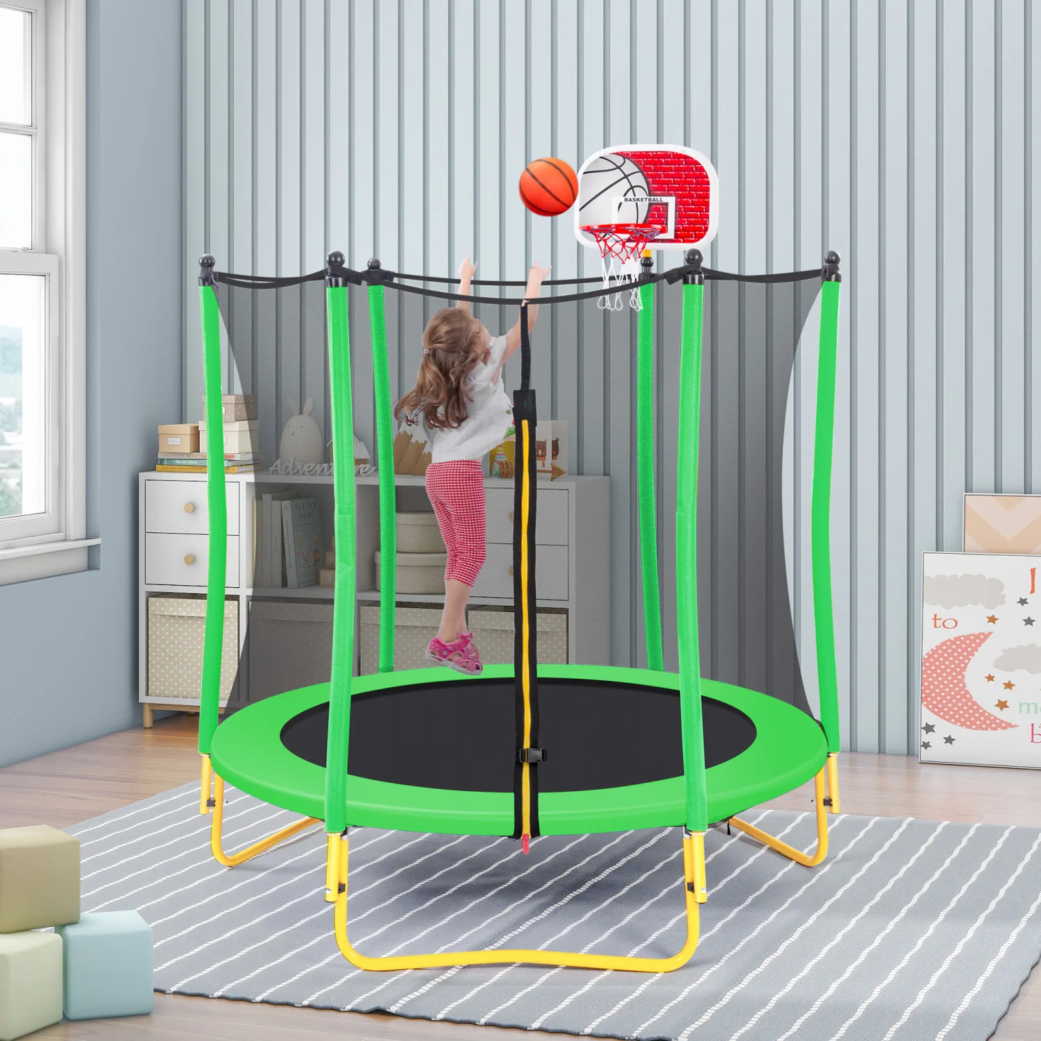 

5.5FT Trampoline for Kids - 65" Outdoor & Indoor Mini Toddler Trampoline with Enclosure, Basketball Hoop and Ball Included