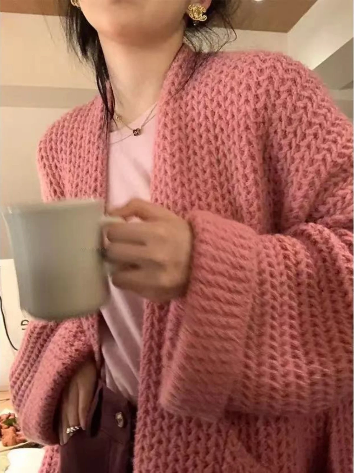 Loose Long Sve Women's Knitted Sweater ay Lazy Sle Autumn Winter Faion V-Ne Cardigan Casual Outerwear Coat