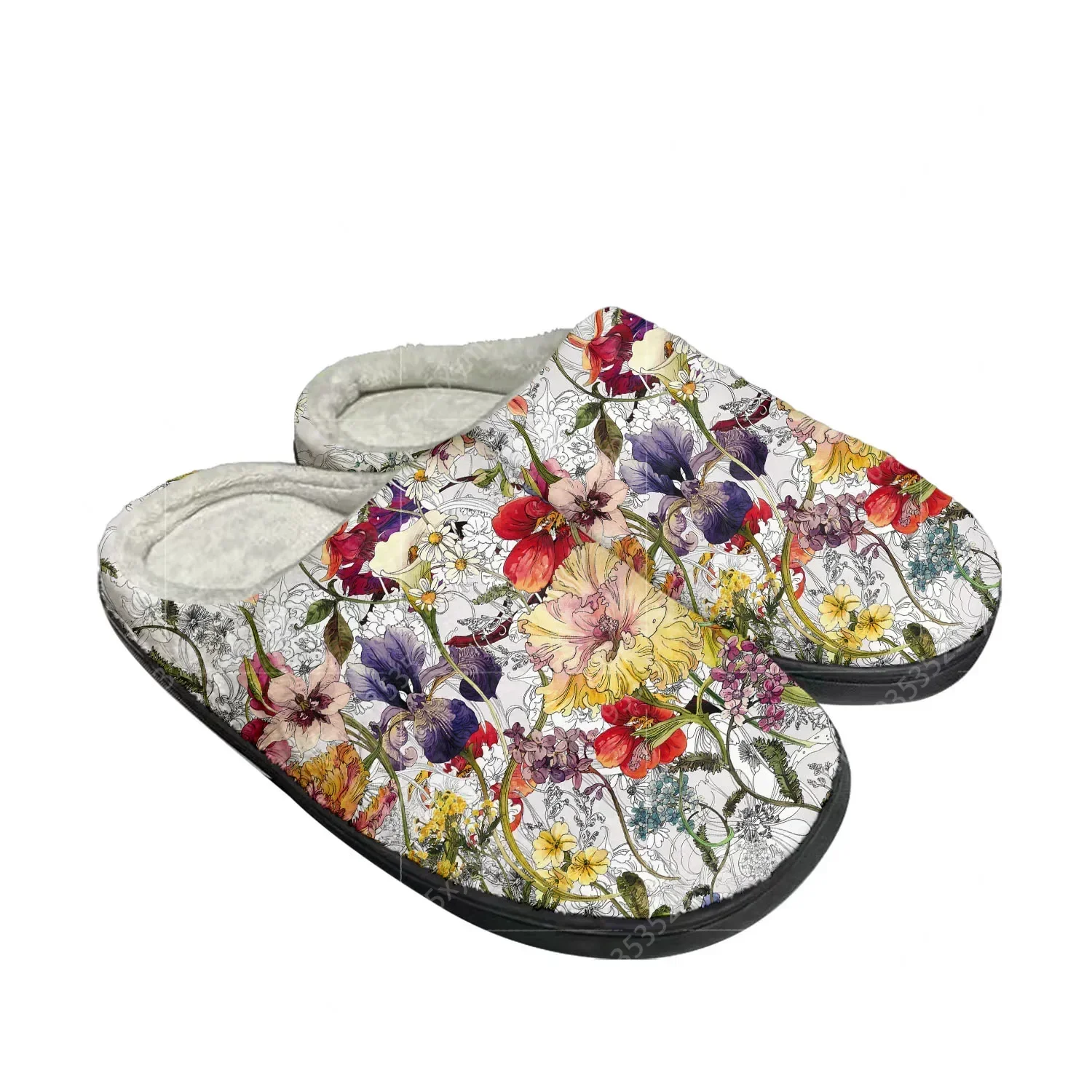 

Pretty Dark Tropical Flower Print Home Cotton Slippers Mens Womens Custom Plush Bedroom Keep Warm Shoes Thermal Indoor Slipper