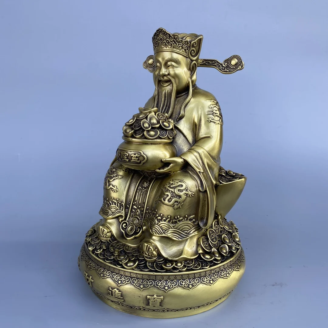 Brass Wealth Deity Treasure Bowl Elegant Pure Copper Figure Living Room Entryway Decoration Traditional Feng Shui Home Ornament