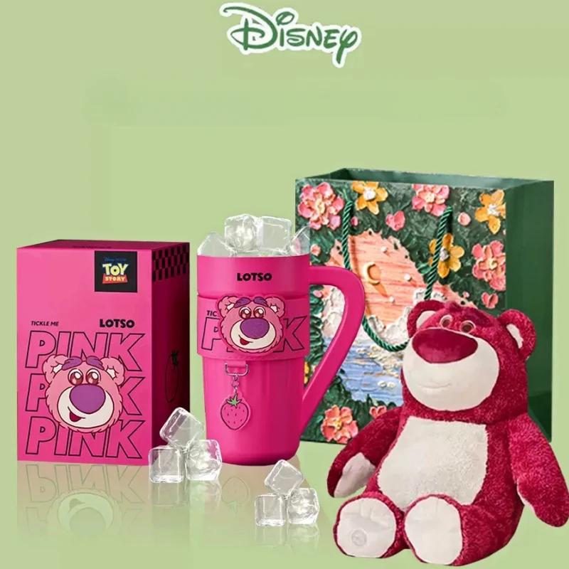 Hot Disney Lotso Thermos Strawberry Bear Thermos Cup Mickey Straw Kettle Portable 1200ML Stainless Steel Vacuum Insulation Cups