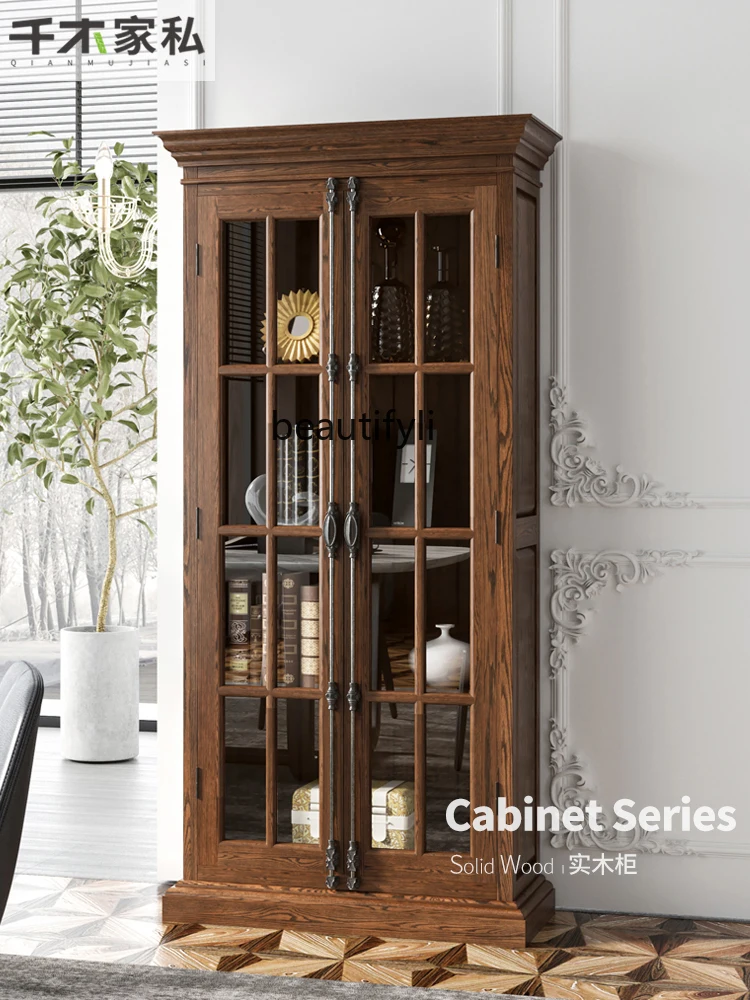 American-Style Old Red Oak Full Main Material Bookcase Living Room Display Cabinet Assembled Cabinet Light Luxury Storage