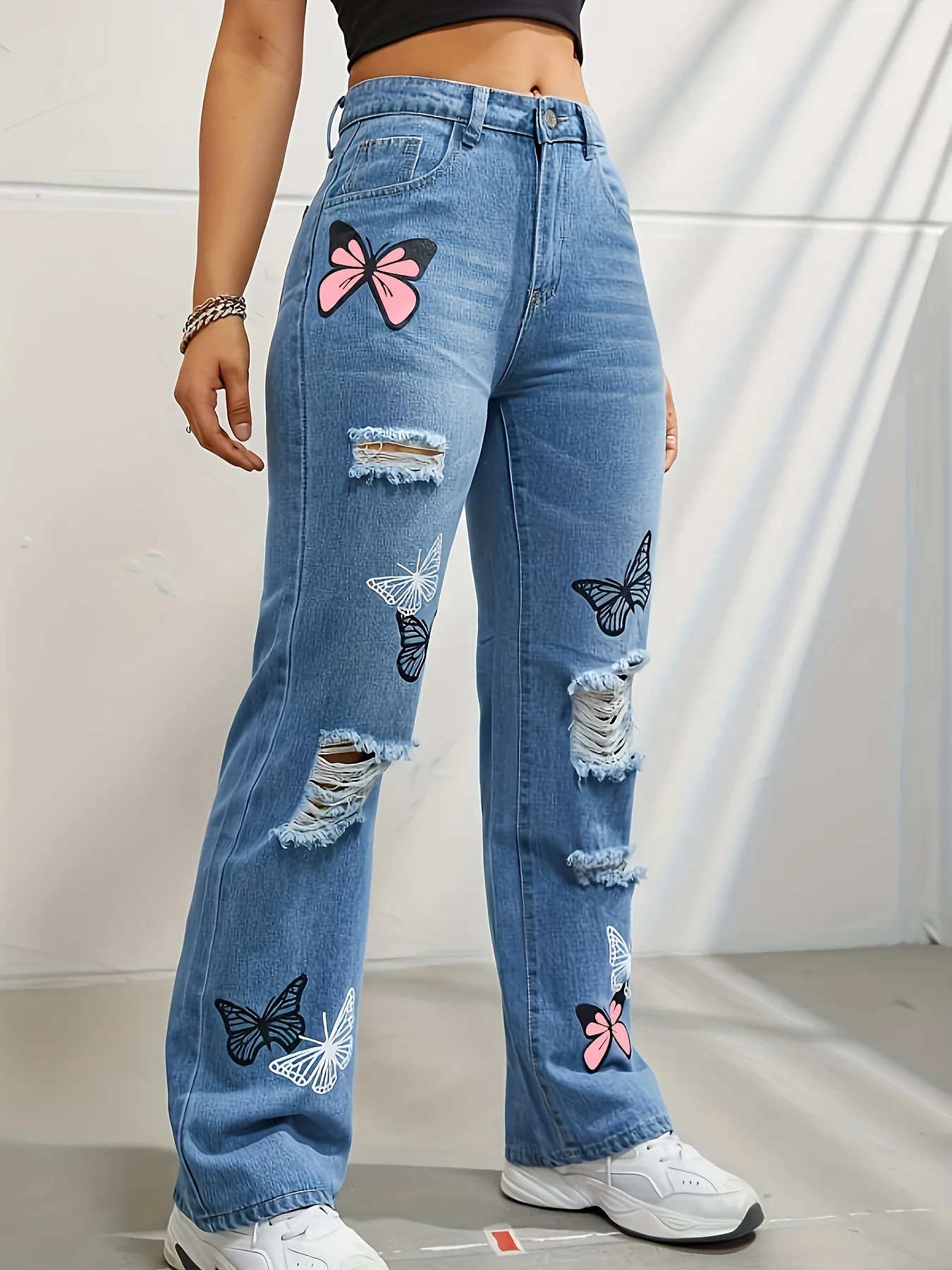 Borboleta impressão denim calças femininas buracos jeans calças retas cintura alta solto ajuste vintage 2024 casual angustiado denims