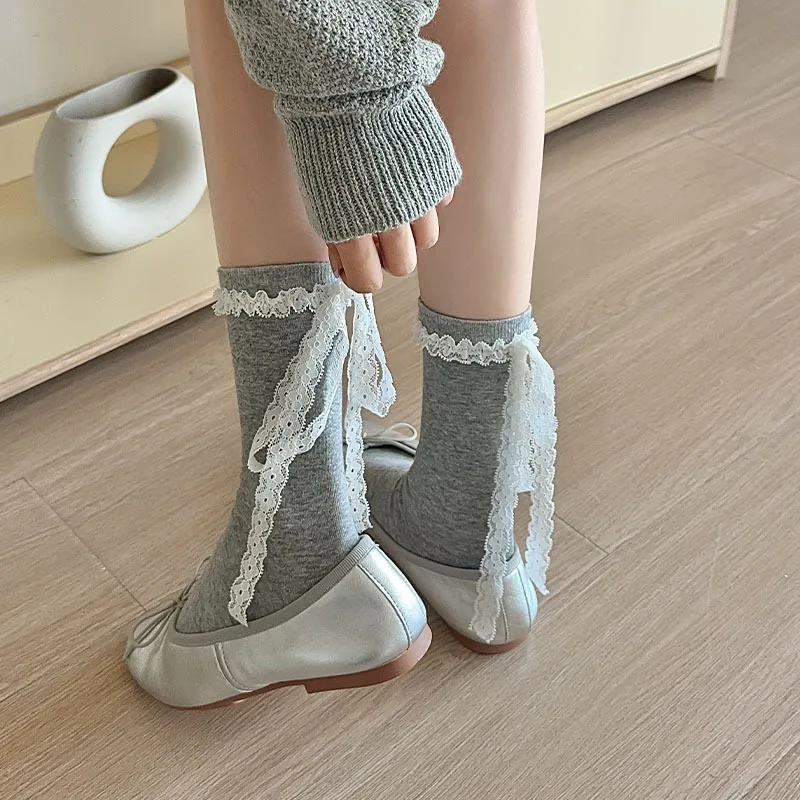 Korean Sweet Wind Lace Bow Strap Tube Socks Ins Spring and Autumn Japanese Lolita Stacking Socks