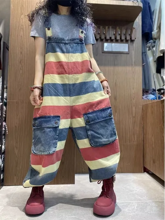 

Artistic Vintage Casual Large Size Denim Print Nine-Tenths Overalls Women's High Waist Wide Leg Pants Spring Summer Autumn