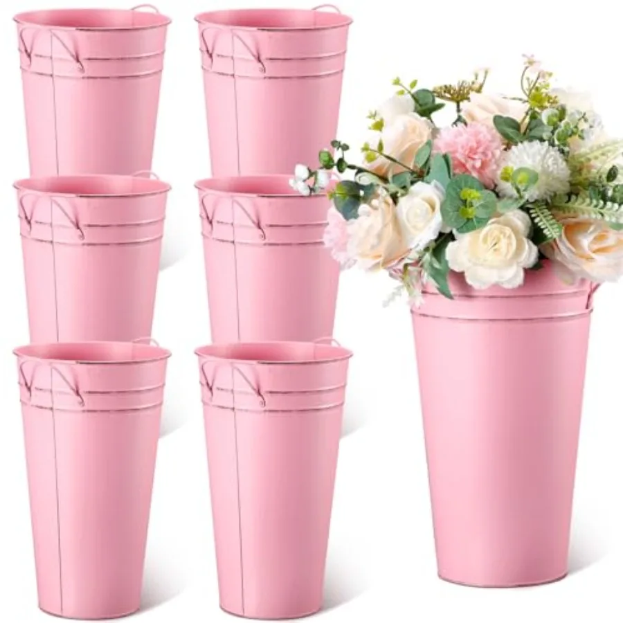 

12 Inch Vintage Galvanized Flower Bucket Metal Flower Vase Farmhouse French Bucket Planter Metal Floral Container for Party Tab