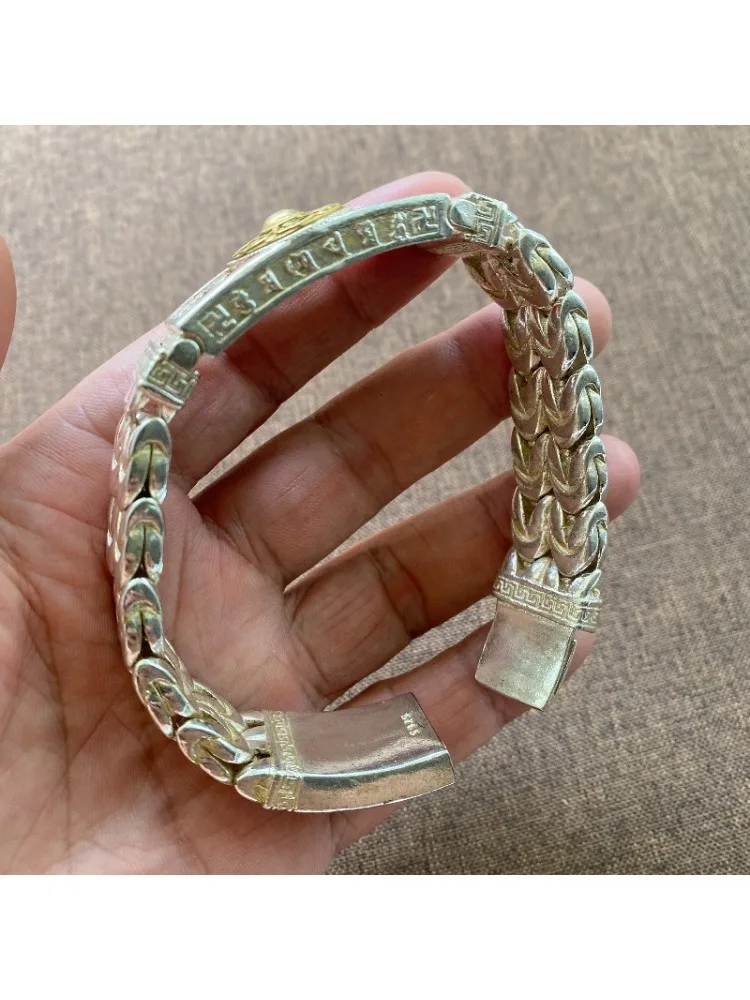 Weißkupferfarbenes zweifarbiges Dharma-Rad-Armband, Retro breiter Weizenkorn-Armreif, Unisex Ethno-Streetwear-Schmuck – Detail 7