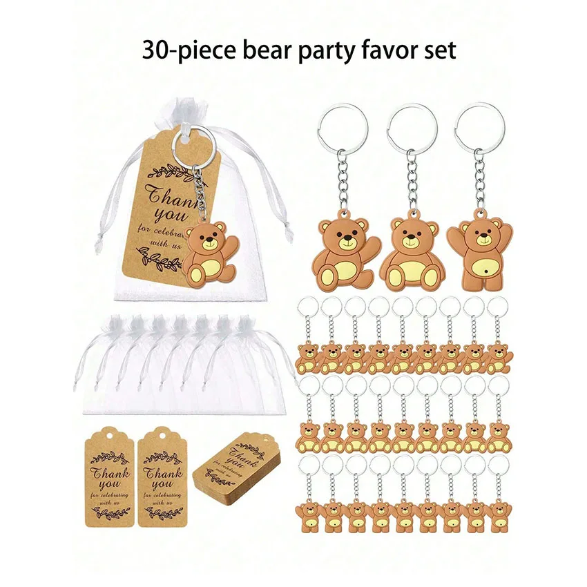 30 peças de chaveiro de urso fofo, perfeito para presentes de festa. Este chaveiro de urso vem com uma bolsa de tule, cartão de agradecimento e etiqueta, ideal para