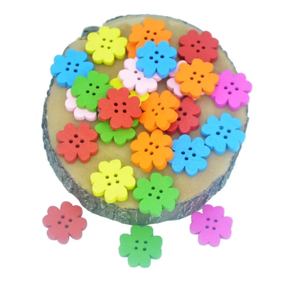 20pcs Four-Leaf Clover Wooden Button, Colorful 4-Hole Plum Blossom Design 20mm Cartoon Button for Children\'s Sweaters and Crafts