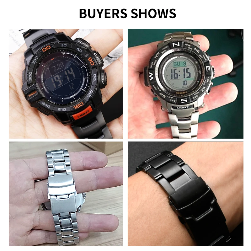 أربطة ساعات متينة من الفولاذ مقاس 18 ملم لساعة كاسيو برو TREK PRG-250/260/270 PRW-3500/2500/5100 سوار واجهة مسطحة بإبزيم أسود قابل للطي
