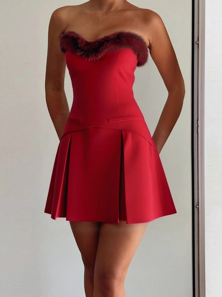 Moda sexy estilo vermelho vestido sem alças feminino outono vintage fino ajuste pele guarnição bustier bodycon mini vestido elegante roupa de festa